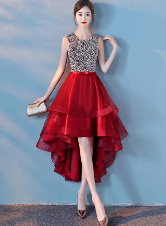 Wine Red Sequins Tulle High Low Round Neckline Party Dresses, Dark Red Homecoming Dresses
