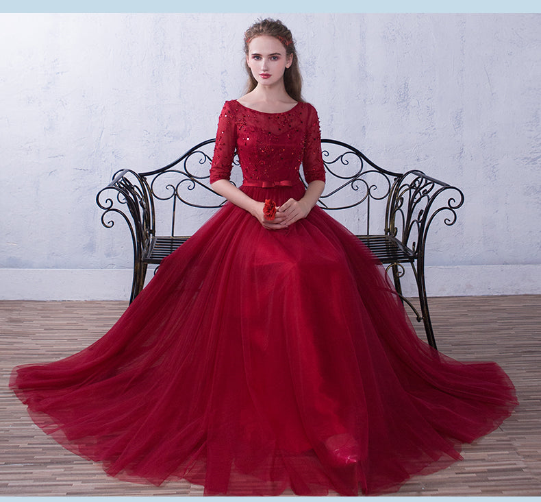 Wine Red Short Sleeves Beaded Tulle Wedding Party Dress, A-line Tulle Long Prom Dress