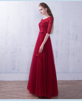 Wine Red Short Sleeves Beaded Tulle Wedding Party Dress, A-line Tulle Long Prom Dress