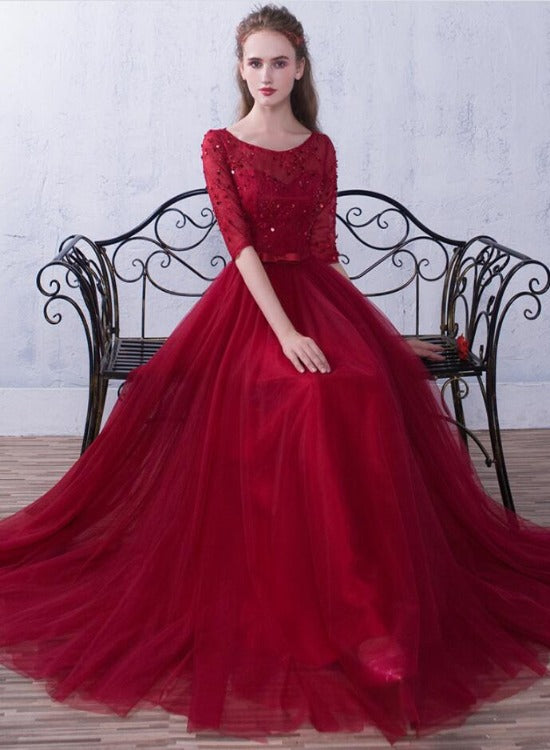 Wine Red Short Sleeves Beaded Tulle Wedding Party Dress, A-line Tulle Long Prom Dress