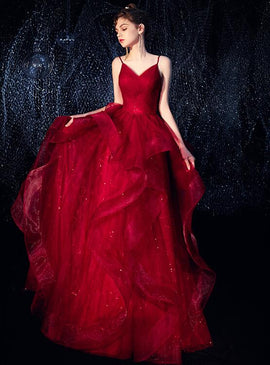 Wine Red Straps Tulle Princess Long Evening Dress Party Dress, Shiny Tulle Evening Gown