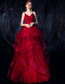 Wine Red Straps Tulle Princess Long Evening Dress Party Dress, Shiny Tulle Evening Gown