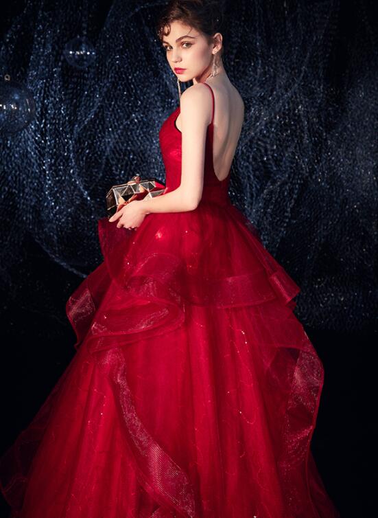 Wine Red Straps Tulle Princess Long Evening Dress Party Dress, Shiny Tulle Evening Gown