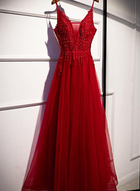 Wine Red Straps V-neckline Lace Applique Long Prom Dress, Dark Red Formal Dresses