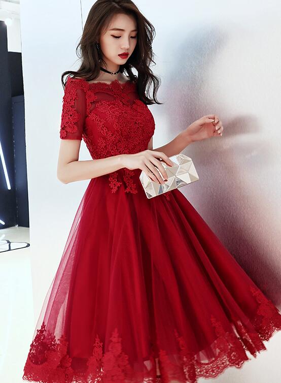 Wine Red Tulle Short Homecoming Dress with Lace Applique, Cute Prom Dr ...