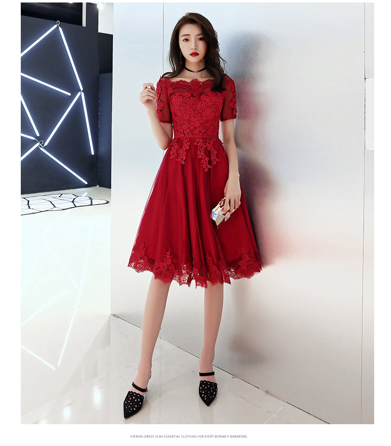 Wine Red Tulle Short Homecoming Dress with Lace Applique, Cute Prom Dress Party Dress