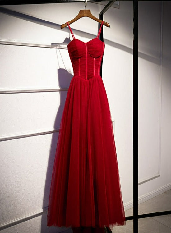 Wine Red Tulle Straps Long Sweetheart Party Dresses Formal Dresses, A-line Dark Red Evening Dresses