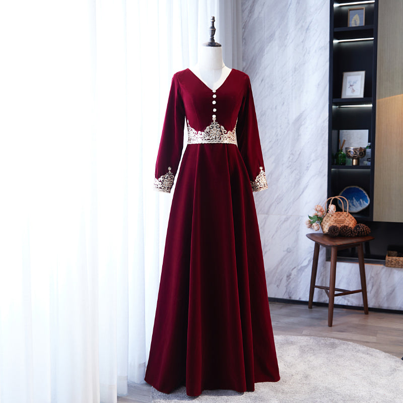 Wine Red Velvet A-line Long Sleeves Bridesmaid Dress with Lace, Dark R – Cutedressy Wine Red Velvet A-line Long Sleeves Bridesmaid Dress with Lace, Dark R – Cutedressy