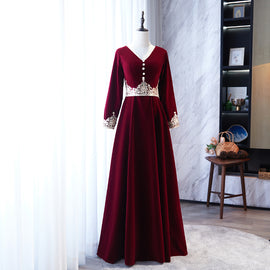 Wine Red Velvet A-line Long Sleeves Bridesmaid Dress with Lace, Dark Red Party Dresses