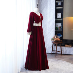 Wine Red Velvet A-line Long Sleeves Bridesmaid Dress with Lace, Dark Red Party Dresses