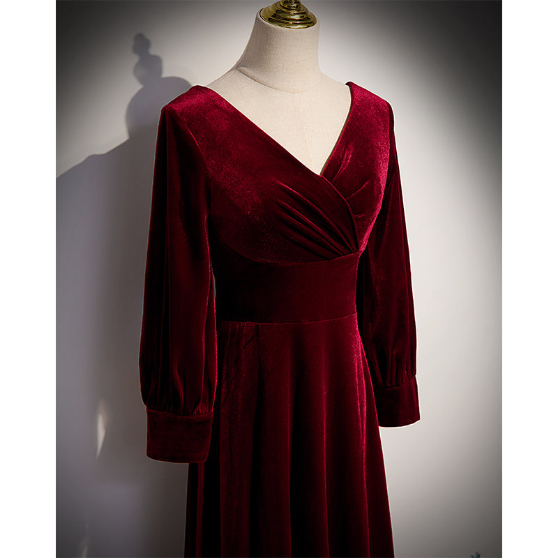 Wine Red Velvet Long Sleeves V-neckline Wedding Party Dresses, Dark Re – Cutedressy Wine Red Velvet Long Sleeves V-neckline Wedding Party Dresses, Dark Re – Cutedressy