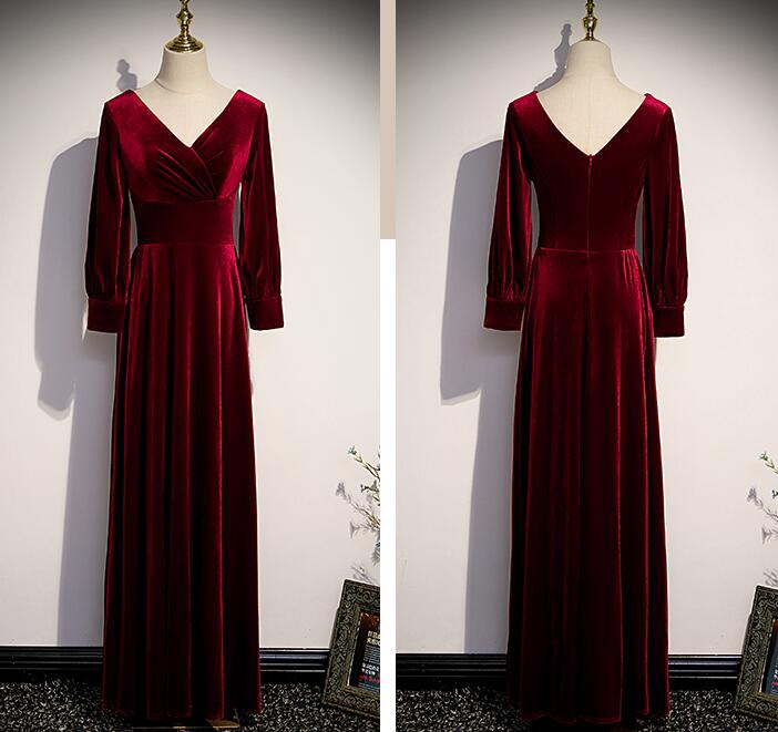 Wine Red Velvet Long Sleeves V-neckline Wedding Party Dresses, Dark Red Prom Dresses