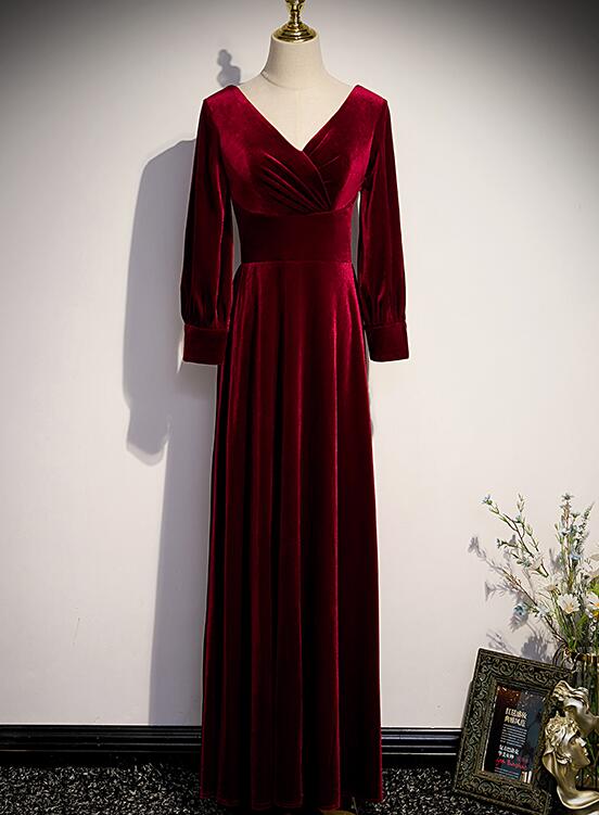 Wine Red Velvet Long Sleeves V-neckline Wedding Party Dresses, Dark Red Prom Dresses
