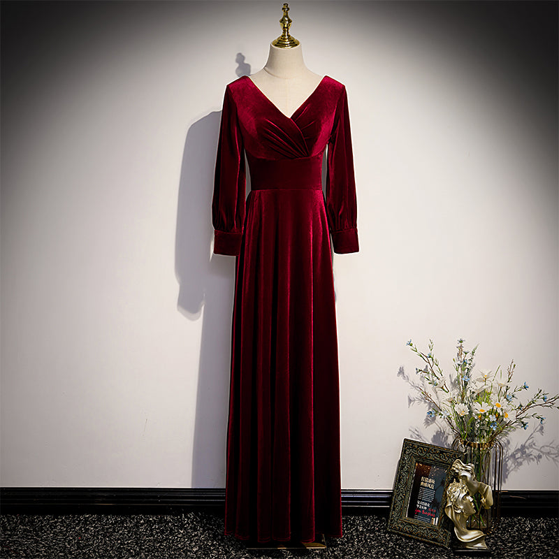 Wine Red Velvet Long Sleeves V-neckline Wedding Party Dresses, Dark Re Cutedressy Wine Red Velvet Long Sleeves V-neckline Wedding Party Dresses, Dark Re Cutedressy