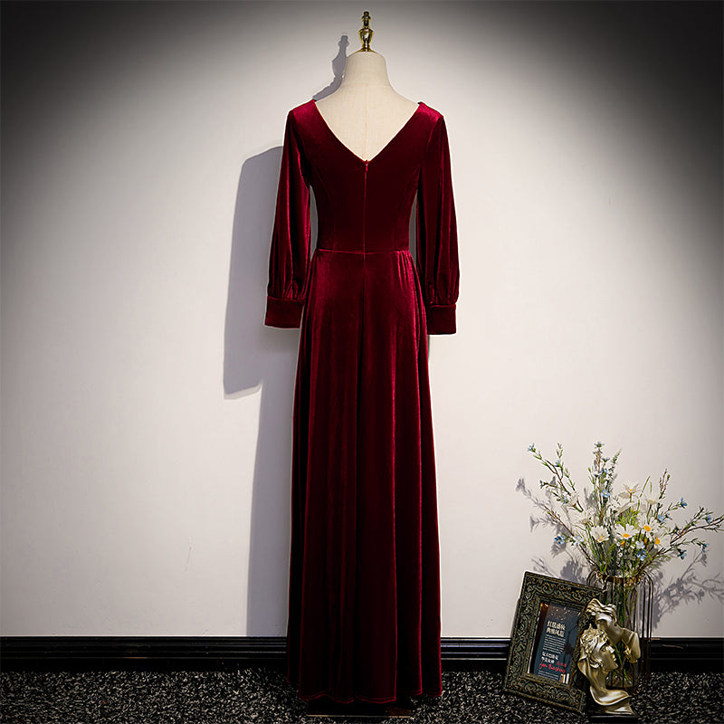 Wine Red Velvet Long Sleeves V-neckline Wedding Party Dresses, Dark Red Prom Dresses Wine Red Velvet Long Sleeves V-neckline Wedding Party Dresses, Dark Red Prom Dresses