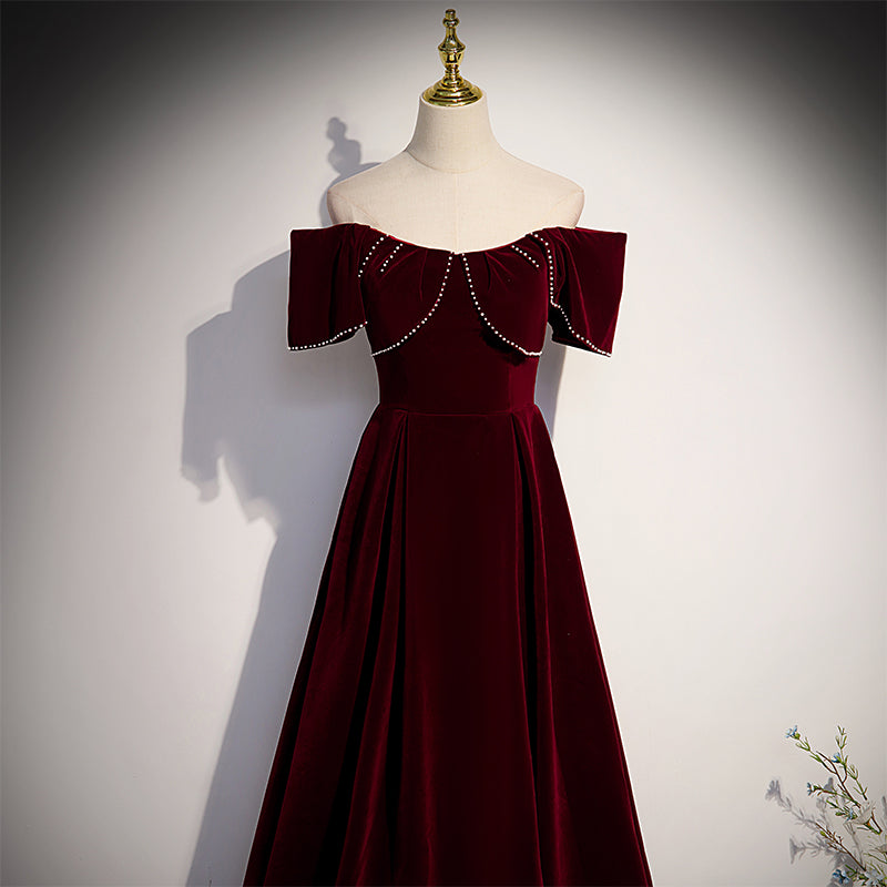 Wine Red Velvet Off the Shoulder Beaded Long Party Dress Prom Dress, D – Cutedressy Wine Red Velvet Off the Shoulder Beaded Long Party Dress Prom Dress, D – Cutedressy