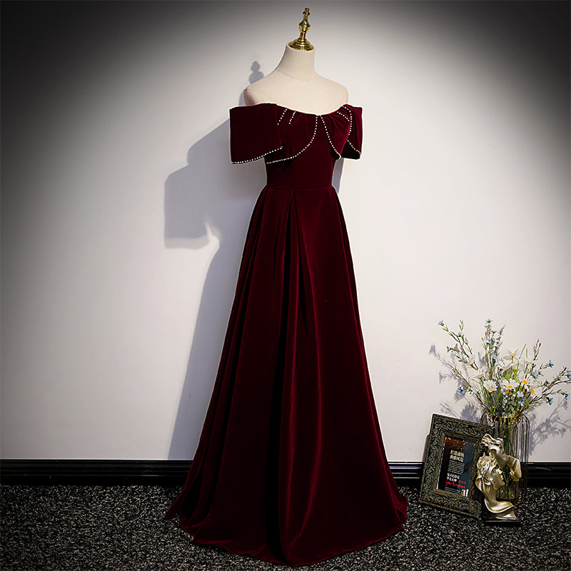 Wine Red Velvet Off the Shoulder Beaded Long Party Dress Prom Dress, D Cutedressy Wine Red Velvet Off the Shoulder Beaded Long Party Dress Prom Dress, D Cutedressy
