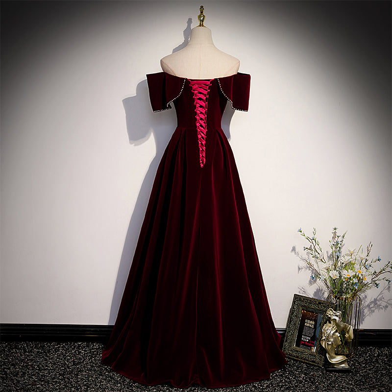 dark red maid of honor dresses Wine Red Velvet Off the Shoulder Beaded Long Party Dress Prom Dress, D – Cutedressy