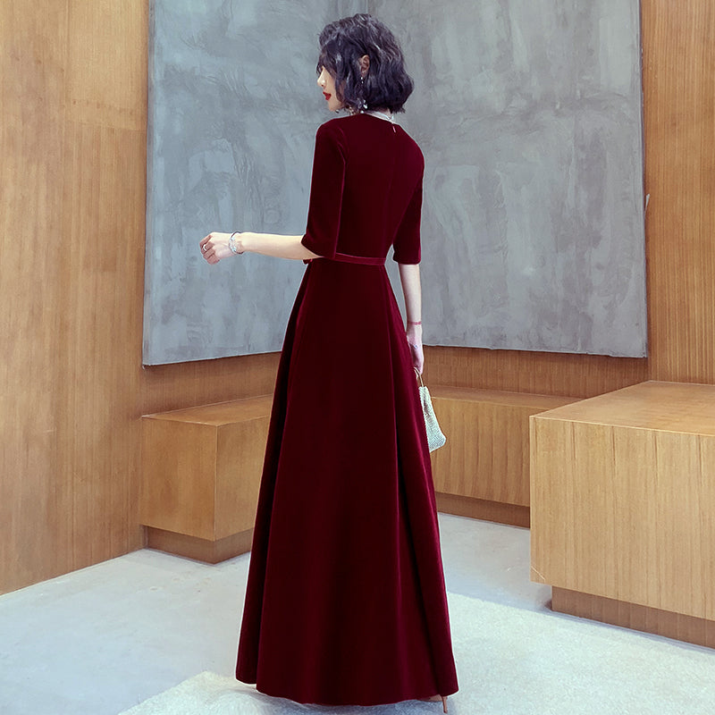 Bride Wine Colored Bridesmaid Dresses With Sleeves Wine Red Velvet