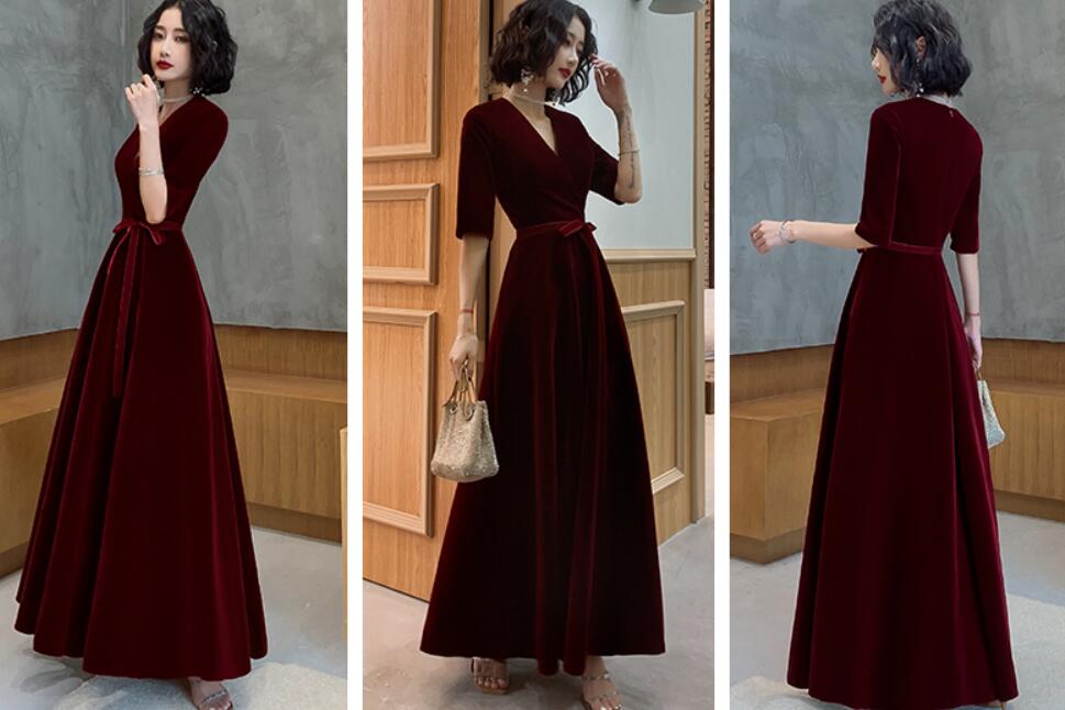 Wine Red Velvet Short Sleeves V-neckline Simple Wedding Party Dress, Wine Red Bridesmaid Dress