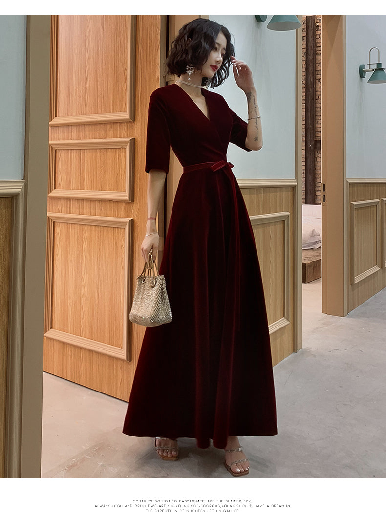 Wine Red Velvet Short Sleeves V-neckline Simple Wedding Party Dress, W Cutedressy Wine Red Velvet Short Sleeves V-neckline Simple Wedding Party Dress, W Cutedressy