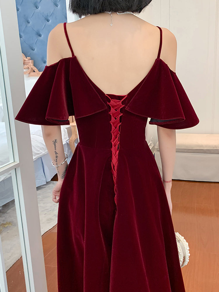 burgundy party dresses Wine Red Velvet Straps V-neckline Long Party Dress, A-line Burgundy Fo – Cutedressy