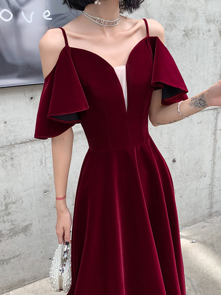 Wine Red Velvet Straps V-neckline Long Party Dress, A-line Burgundy Formal Dresses