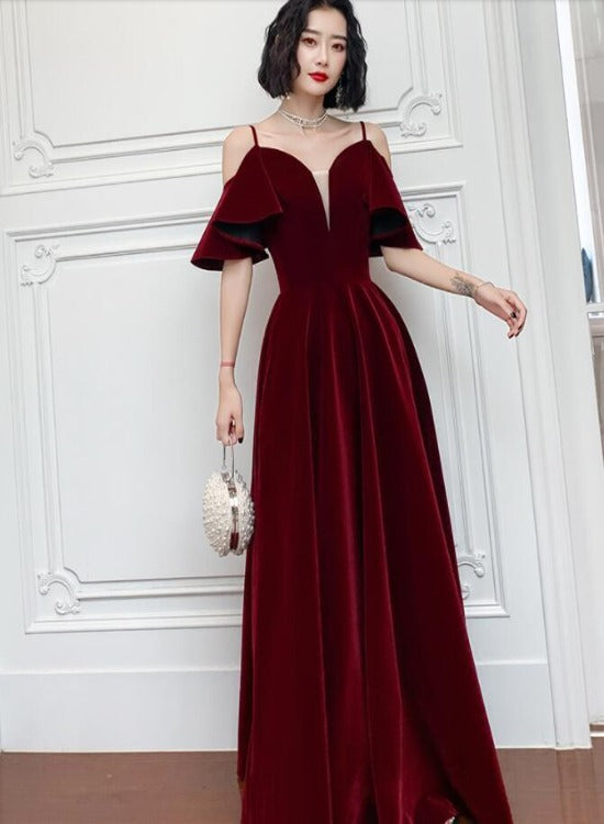 Wine Red Velvet Straps V-neckline Long Party Dress, A-line Burgundy Formal Dresses