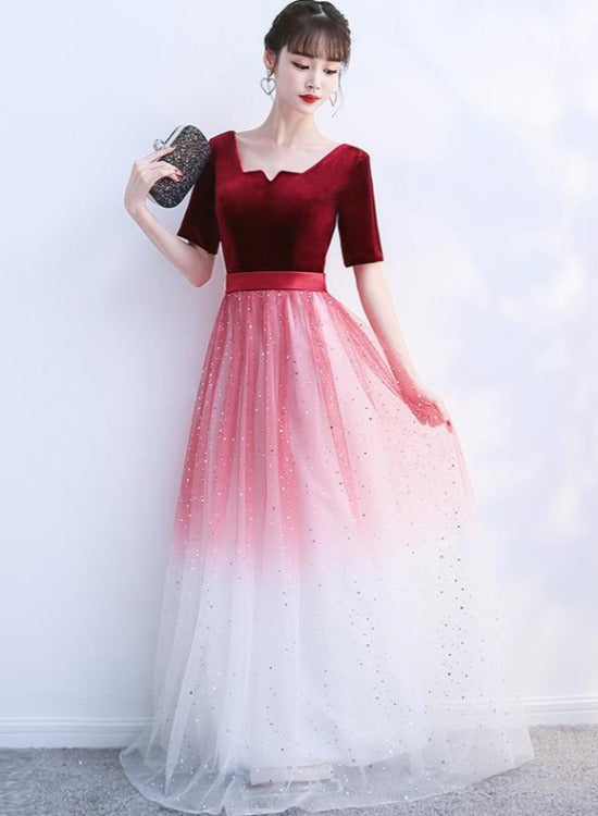 Wine Red Velvet Top Gradient Tulle Long Evening Dress Party Dress, A-line Simple Bridesmaid Dresses