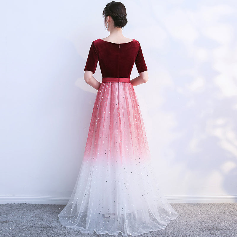 Wine Red Velvet Top Gradient Tulle Long Evening Dress Party Dress, A-line Simple Bridesmaid Dresses