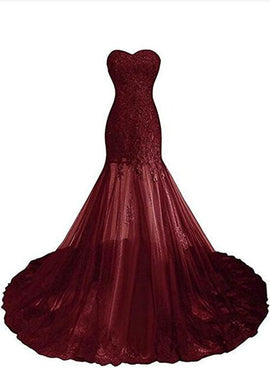 Burgundy Tulle with Beautiful Lace Applique Sweetheart Prom Gown, Chic Prom Dresses 2018, Party Dresses