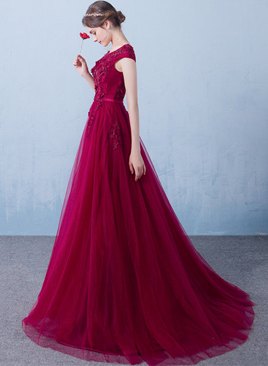 Wine Red Long Tulle Round Neckline Lace Applique Prom Dress, Tulle Evening Dress