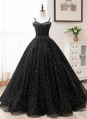 Beautiful Black Prom Dresses, Princess Spaghetti Straps Sleeveless Backless Party Dress