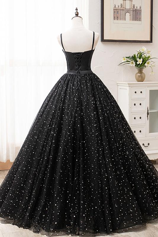 Beautiful Black Prom Dresses, Princess Spaghetti Straps Sleeveless Backless Party Dress