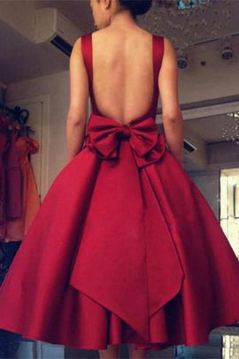 Dark Red Tea Length Satin Evening Party Dress, Formal Dress
