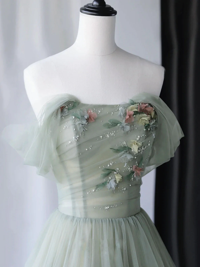Light Green Sweetheart Beaded Tulle Party Dress, Green Homecoming Dresses