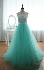 Beautiful Lace and Tulle Round Neckline Turquoise Formal Gown, Sweet 16 Party Dress