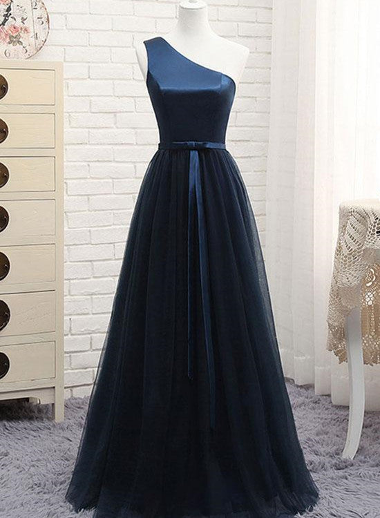 Beautiful Simple One Shoulder Satin and Tulle Floor Length Party Gown, Bridesmaid Dresses