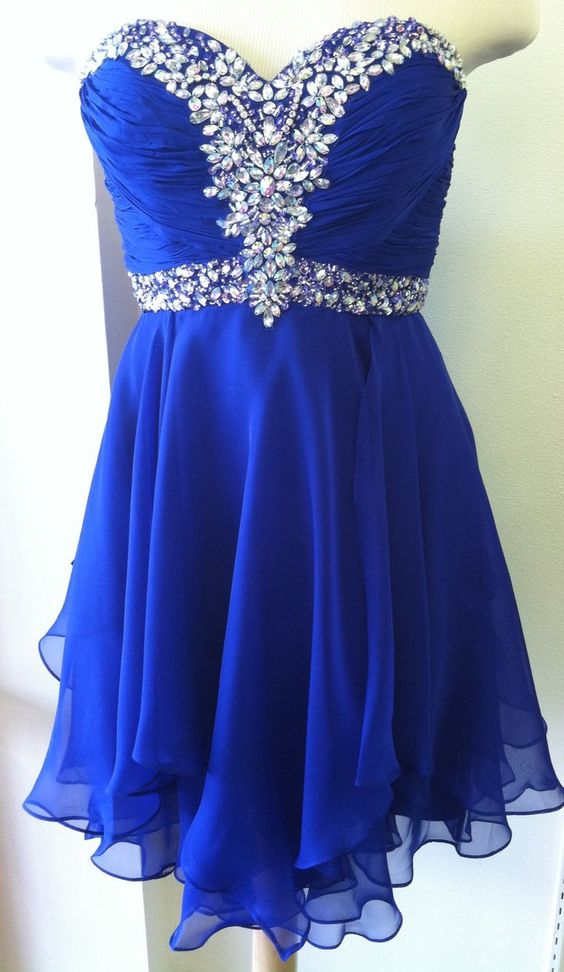 Blue Beaded Charming Prom Dresses, Sweetheart Knee Length Homecoming Dresses, Cute Teen Formal Dresses