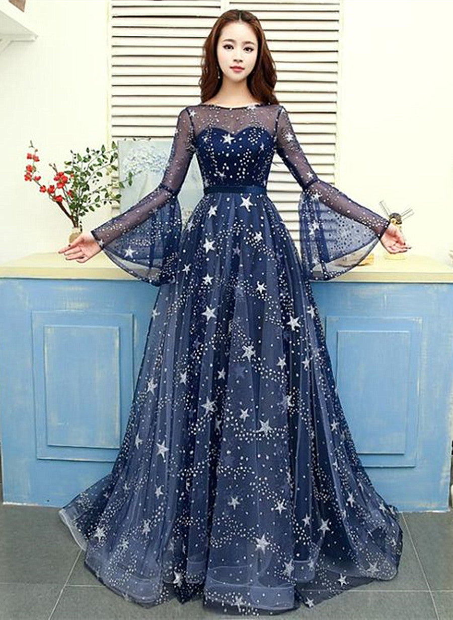 Navy Blue Tulle Puffy Sleeves Long A-line Prom Dress, Navy Blue Formal – Cutedressy