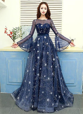 Navy Blue Tulle Puffy Sleeves Long A-line Prom Dress, Navy Blue Formal Dress