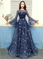 Navy Blue Tulle Puffy Sleeves Long A-line Prom Dress, Navy Blue Formal Dress