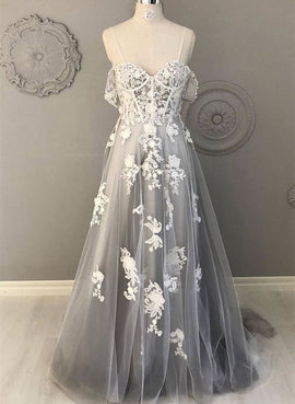 Light Grey Sweetheart Tulle with Lace, A-line Grey Long Prom Dress