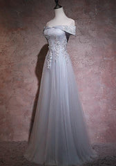 Grey Tulle Long Off Shoulder Party Dress 2021, Tulle with Lace Floor Length Party Dress