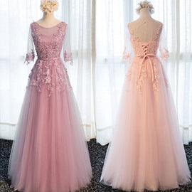 Beautiful Pink Tulle 1/2 Sleeves with Lace Applique Bridesmaid Dress, Long Prom Dress