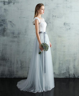 Light Grey Tulle Long Cap Sleeves Wedding Party Dress, Grey A-line Formal Dress