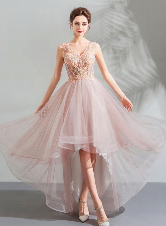 Light Pink V-neckline Lace Applique High Low Party Dress, Pink Tulle Short Homecoming Dresses
