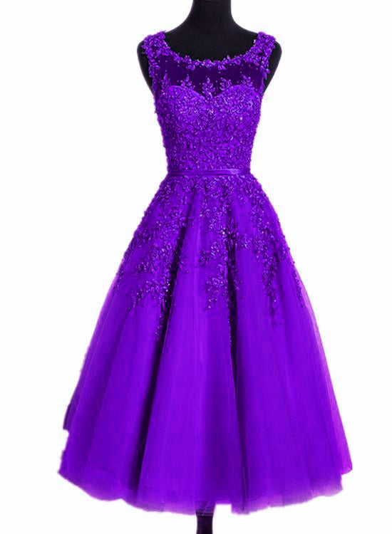 Beautiful Tea Length Purple Round Neckline Bridesmaid Dress, Lace Appplique Party Dress