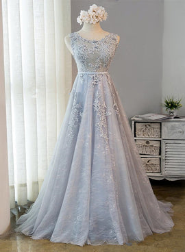 Beautiful Light Grey Tulle Backless Long Party Dress, A-line Junior Prom Dress