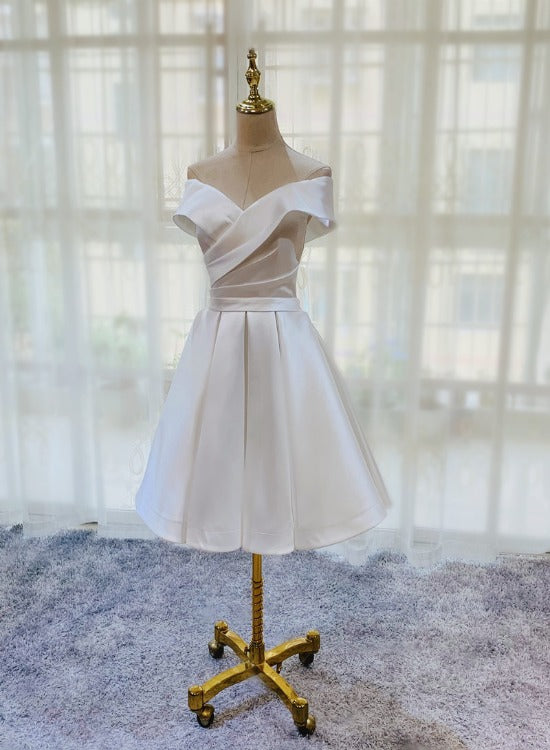 White Simple Satin Off Shoulder Knee Length Party Dress, Graduation Dr – Cutedressy